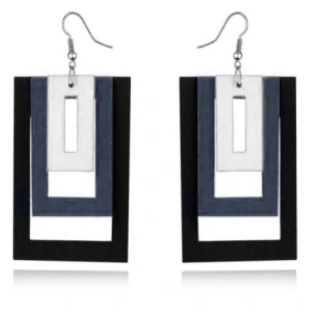 Modern Geometric Rectangle Drop Earrings in Black and Navy - Picture 4 of 8